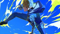 1boy absurdres black_sclera black_shoes blonde_hair blue_jacket blue_pants closed_mouth colored_sclera cyborg earrings genos highres hood hooded_jacket jacket jewelry looking_at_viewer male_focus mechanical_arms nefula14 one-punch_man pants shoes short_hair stud_earrings yellow_eyes