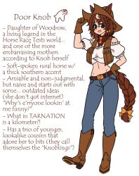 1girl animal_ears bandana bandana_around_neck bare_shoulders belt body_freckles boots braid braided_bangs braided_ponytail breasts brown_eyes brown_gloves brown_hair brown_scarf contrapposto cowboy_boots cowboy_hat denim door_knob_(horse_race_tests) english_text freckles frilled_shirt frills full_body gloves hair_between_eyes hat hat_tip highres horse_ears horse_girl horse_race_tests jeans long_hair looking_at_viewer looking_to_the_side medium_breasts midriff multicolored_hair navel open_mouth pants ponytail puffy_short_sleeves puffy_sleeves reference_sheet scarf shirt short_sleeves simple_background smile solo two-tone_hair vixenofthestars white_background white_shirt white_streaks