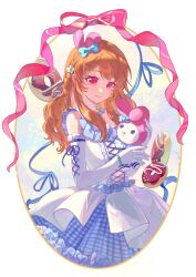 1girl aikatsu! aikatsu!_(series) blue_bow blue_dress blue_ribbon bow braid choker dot_nose donut dress elbow_gloves food frilled_dress frilled_gloves frills gingham_dress gloves highres holding holding_stuffed_toy light_smile long_hair my_melody nero_(nerolinsummer) onegai_my_melody orange_hair outdoors oval_image ozora_akari pink_bow pink_ribbon red_eyes ribbon sanrio sidelocks simple_background solo standing stuffed_animal stuffed_toy two-tone_dress white_background white_choker white_dress white_gloves