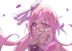 Rule 34 | 1girl, absurdres, adjusting eyewear, alternate costume, bare shoulders, brooch, closed mouth, commentary request, elf, elysia (herrscher of human: ego) (honkai impact), elysia (honkai impact), falling petals, glasses, hair between eyes, hand on eyewear, heart, heart brooch, highres, holding, honkai (series), honkai impact 3rd, jewelry, long hair, looking at viewer, petals, pink hair, pink pupils, pointy ears, rio (user kzxp8757), shirt, solo, triquetra, upper body, very long hair, white background, white shirt