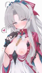 1girl ahoge black_gloves blush breasts breasts_out carlotta_(wuthering_waves) closed_mouth commentary dress gloves grey_background grey_eyes grey_hair highres hone_kawa lactation long_hair looking_at_viewer medium_breasts nipples simple_background smile solo variant_set white_dress wuthering_waves