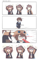 4girls 4koma ags-30_(girls&#039;_frontline) ant arms_up blood boca brown_hair bug chibi closed_eyes comic girls&#039;_frontline glasses hair_ornament highres insect military military_uniform multiple_girls necktie open_mouth ponytail sar-21_(girls&#039;_frontline) sitting thighhighs unworn_hair_ornament