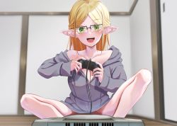 Rule 34 | 1girl, :d, blonde hair, breasts, cleavage, collarbone, controller, elf, game console, game controller, genderswap, genderswap (mtf), glasses, green eyes, grey hoodie, highres, hood, hoodie, indoors, isekai ojisan, knee up, large breasts, looking at viewer, medium hair, naked hoodie, nanashi (74 nanashi), no panties, open mouth, playing games, pointy ears, rectangular eyewear, sega saturn, shibazaki yousuke, sitting, smile, solo, sui (isekai ojisan)