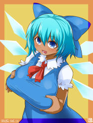 1girl :d annyui_(cookie) blue_dress blue_eyes blue_hair blush bow bowtie breasts cirno commentary_request cookie_(touhou) dark-skinned_female dark_skin dated dress hair_bow highres ice ice_wings itini-sanshi large_breasts looking_at_viewer lower_teeth_only open_mouth orange_background pinafore_dress red_bow red_bowtie short_hair sleeveless sleeveless_dress smile solo tanned_cirno teeth touhou two-tone_background upper_body wings yellow_background