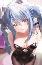 1girl :d absurdres animal_ear_fluff animal_ears arms_behind_back bare_shoulders black_leotard blue_hair blush braid breasts brown_pantyhose carrot_hair_ornament cleavage commentary_request covered_navel cowboy_shot food-themed_hair_ornament hair_ornament head_tilt highres hololive indoors leotard long_hair looking_back medium_breasts multicolored_hair open_mouth orange_eyes pantyhose playboy_bunny rabbit-shaped_pupils rabbit_ears smile solo strapless strapless_leotard symbol-shaped_pupils twin_braids two-tone_hair usada_pekora usada_pekora_(1st_costume) very_long_hair virtual_youtuber wakaunderblade7 white_hair