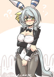 ._. 1girl x_mouth ? absurdres animal animal_ears arm_under_breasts black_bow black_bowtie black_jacket blush bow bowtie breasts brown_background brown_eyes cleavage collar covered_navel detached_collar feet_out_of_frame goma_(gomasamune) grey_hair grey_pantyhose groin hair_between_eyes highres hishi_miracle_(umamusume) horse_ears horse_girl horse_tail jacket knees_together_feet_apart large_breasts leotard leotard_under_clothes looking_at_viewer nose_blush pantyhose parted_lips rabbit solo sweat tail two-tone_background umamusume white_background white_collar white_leotard wing_collar