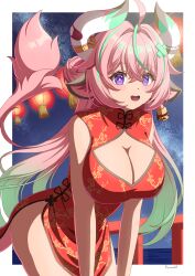 1girl absurdres alternate_costume alternate_hairstyle animal_ears aqua_hair bandaid_on_horn border breasts bright_pupils china_dress chinese_clothes cleavage cleavage_cutout clothing_cutout commentary_request cow_ears cow_girl cow_horns cow_tail cowboy_shot dress ear_bell fuyunash1 genshin_impact gradient_hair hair_between_eyes hair_ornament highres horns lantern large_breasts leaning_forward long_hair looking_at_viewer multicolored_hair night night_sky open_mouth outdoors outside_border paper_lantern pink_hair pink_tail purple_eyes railing red_dress signature sky sleeveless sleeveless_dress solo star_(sky) starry_sky streaked_hair tail teeth upper_teeth_only varesa_(genshin_impact) very_long_hair white_border white_pupils