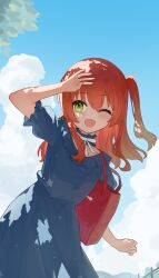 1girl absurdres blue_collar blue_dress blue_sky bocchi_the_rock! cloud collar dot_nose dress frilled_collar frilled_dress frills green_eyes hand_over_face highres kita_ikuyo liago one_eye_closed open_mouth outdoors red_bag red_hair short_sleeves sky solo