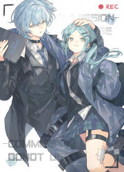 Rule 34 | 1boy, 1girl, absurdres, aqua eyes, aqua hair, argyle clothes, argyle socks, backpack, bag, bandaged leg, bandages, belt, black bag, black choker, black jacket, black shoes, black socks, black sweater, black vest, blue hair, blue necktie, cat, choker, collared shirt, double-parted bangs, dutch angle, fish hair ornament, forehead, grey eyes, grey jacket, grey necktie, grey pants, hair ornament, hairband, hairclip, hand on another&#039;s head, highres, holding, holding notebook, hood, hood down, hooded jacket, jacket, long hair, long sleeves, necktie, notebook, original, pants, parallel hairclips, pleated skirt, recording, shirt, shoes, short hair, simple background, single hair intake, skirt, socks, sweater, tacfigure, thigh belt, thigh strap, tie clip, twintails, untucked shirt, vest, viewfinder, waistcoat, white background, white hairband