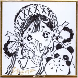 +_+ 1girl absurdres artist_name bow braid braided_hair_rings chinese_commentary collared_dress commentary_request cross-laced_hairband dot_nose dress fingernails food frilled_hairband frills greyscale hair_bow hair_rings hairband hand_to_own_mouth hidari_(nanmu-left) highres light_blush lolita_hairband long_hair long_sleeves monochrome open_mouth original panda ribbon-trimmed_dress ribbon_trim sleeves_past_wrists smile solo sparkling_eyes steamed_bun teeth traditional_media upper_body upper_teeth_only watermark weibo_watermark
