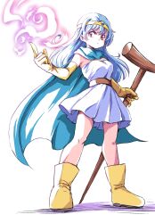Rule 34 | 1girl, aqua cape, belt, blue gemstone, boots, breasts, brown belt, cape, circlet, commentary request, dragon quest, dragon quest iii, dress, elbow gloves, floating cape, floating hair, full body, gem, gloves, gold circlet, highres, holding, holding staff, ikaringo (ikaringo4444), index finger raised, looking to the side, magic, medium breasts, parted lips, red eyes, sage (dq3), solo, staff, strapless, strapless dress, white background, white dress, yellow boots, yellow gloves