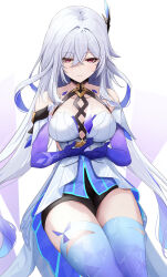 +_+ 1girl absurdres bare_shoulders between_breasts breasts collarbone colored_inner_hair commentary crossed_bangs crystal_shards dress expressionless genshin_impact hair_between_eyes hair_ornament halter_dress halterneck highres kunizaki large_breasts long_hair looking_at_viewer multicolored_hair object_floating_above_hand own_hands_together prosthesis prosthetic_arm prosthetic_leg red_eyes short_dress sidelocks sitting skirk_(genshin_impact) solo symbol-shaped_pupils thighs very_long_hair white_background white_dress white_hair
