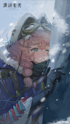 Rule 34 | 1girl, ;o, absurdres, against rock, aqua eyes, black gloves, black scarf, black sweater, brown hat, coat, copyright name, copyright notice, eyewear strap, gem, gloves, goggles, goggles on headwear, hand up, hands up, hat, highres, jewelry, logo, long braid, nautika (reverse:1999), official art, official wallpaper, one eye closed, outdoors, overcast, pendant, pink gemstone, purple coat, reverse:1999, scarf, sky, snowing, solo, sweater, trapper hat, upper body, white sky