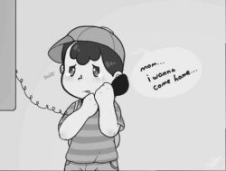 1boy backpack bad_tag bag blac_hair child crying hat homesick lovemysockhead12 male_focus mother_(series) mother_2 ness_(mother_2) nintendo shirt source_request striped_clothes striped_shirt super_smash_bros. tears telephone