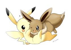 animal_focus black_eyes bright_pupils commentary eevee gen_1_pokemon heart highres lying mimi_(mi-sa1996) nintendo no_humans on_back open_mouth pikachu pokemon pokemon_(creature) simple_background smile tail white_background white_pupils