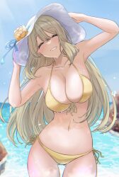 1girl :d ^_^ absurdres adjusting_clothes adjusting_headwear armpits bikini blue_archive blue_sky breasts cleavage closed_eyes collarbone commentary_request gluteal_fold grey_hair grin hair_between_eyes halo hat head_tilt highres horizon large_breasts long_hair looking_at_viewer navel nonomi_(blue_archive) nonomi_(swimsuit)_(blue_archive) ocean official_alternate_costume ogura_toast open_mouth side-tie_bikini_bottom sidelocks sky sleeveless smile solo spaghetti_strap stomach sun_hat sunlight swimsuit wet wet_clothes wet_swimsuit yellow_bikini
