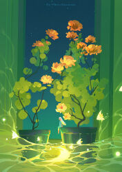 1girl artist_name dress fish flower flying_fish highres huhv. leaf lily_pad long_hair moon night night_sky orange_flower original plant potted_plant scenery sitting sky solo star_(sky) tree water white_hair wide_shot yellow_flower