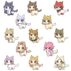 :3 ahoge animal animal_collar animal_focus animalization bandana bandana_around_neck bell black_bandana black_hair blonde_streaks blue_eyes blue_hair blush bow brown_eyes brown_hair cat closed_mouth clothed_animal collar flower green_eyes hair_bow hair_flower hair_ornament handa_roco highres hutaba idolmaster idolmaster_million_live! julia_(idolmaster) kitazawa_shiho long_hair looking_at_viewer maihama_ayumu makabe_mizuki mogami_shizuka momose_rio multicolored_hair nagayoshi_subaru neck_bell nikaido_chizuru no_humans parted_bangs pink_hair purple_hair red_hair shiraishi_tsumugi short_hair smile streaked_hair suou_momoko tenkuubashi_tomoka tokoro_megumi twintails yellow_eyes