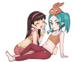 2girls alternate_costume aqua_hair arm_support ass bare_shoulders barefoot blush brown_hair closed_eyes commission cropped_shirt dot_nose eating fang female_focus flat_chest food from_behind from_side full_body green_eyes green_panties hachikuji_mayoi hat highleg highleg_panties ice_cream knee_up leaning_back leaning_forward leggings long_hair looking_at_viewer looking_to_the_side medium_hair meemz_a mesugaki monogatari_(series) multiple_girls naughty_face navel ononoki_yotsugi open_mouth orange_hat orange_shirt panties panty_straps pink_leggings pink_shirt pointy_ears red_leggings shirt simple_background sitting sleeveless sleeveless_shirt smile smug thick_eyebrows twintails two-tone_shirt underwear white_background white_shirt