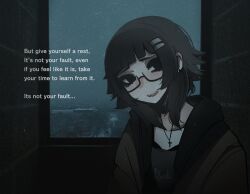 1girl absurdres black-framed_eyewear black_eyes black_hair black_hoodie black_shirt clothes_writing commentary cross cross_necklace english_commentary english_text film_grain glasses hair_ornament heavy_film_grain highres hood hoodie jewelry looking_at_viewer medium_hair messy_hair mikuneki necklace open_mouth original riyo_kaede_(mikuneki) semi-rimless_eyewear shirt solo teeth text_focus under-rim_eyewear window