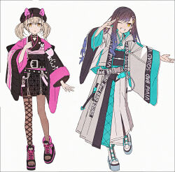 2girls :o adapted_costume animal_ear_fluff animal_ears animal_hat awakening_beat_(project_sekai) azusawa_kohane black_hat black_kimono blue_hair boots brown_eyes brown_hair brown_pantyhose fake_animal_ears fishnet_thighhighs fishnets gradient_hair grey_background grey_jacket grin hair_ornament hairclip hakusai_(tiahszld) hand_up hat itsuka_senaka_awase_no_lyric_wo_(project_sekai) jacket japanese_clothes kimono long_hair long_sleeves looking_at_viewer multicolored_hair multicolored_hat multiple_girls obi one_eye_closed open-toe_boots orange_eyes pantyhose parted_lips pink_shoes project_sekai revision sash shiraishi_an shoes short_kimono simple_background single_fishnet_legwear smile standing standing_on_one_leg star_(symbol) star_hair_ornament thighhighs thighhighs_over_pantyhose twintails very_long_hair white_kimono wide_sleeves