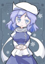 1girl absurdres breasts closed_mouth commentary grey_background hat highres letty_whiterock looking_at_viewer medium_breasts own_hands_together purple_hair short_hair snowflakes solo suikatou touhou white_hat