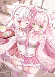 Rule 34 | 2girls, animal ear fluff, animal ears, apron, blush, bow, cat, cat ears, closed mouth, dress, green eyes, hair ornament, headdress, holding, indoors, long hair, long sleeves, looking at viewer, multiple girls, one eye closed, open mouth, original, pink dress, pink hair, red dress, red eyes, smile, thighhighs, tongue, tongue out, tray, very long hair, waitress, white apron, white hair, white thighhighs, yuduki pdx