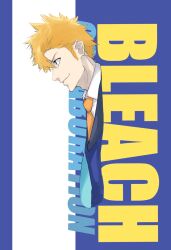 &gt;:) 1boy alternate_costume bleach blue_background brown_eyes casual closed_mouth collared_shirt copyright_name english_text from_side hair_between_eyes hashtag-only_commentary highres kurosaki_ichigo leaning_forward looking_ahead male_focus mitu_hide43 necktie orange_hair orange_necktie profile shirt short_hair simple_background smile solo spiked_hair two-tone_background upper_body v-shaped_eyebrows white_background white_shirt