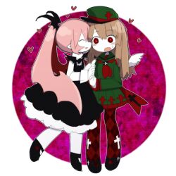 Rule 34 | 2girls, beret, black dress, black footwear, brown hair, colored skin, dress, funamusea, funamusea (style), green headwear, green sailor collar, green shirt, green skirt, haiiro teien, hat, head wings, heart, holding hands, kisaragi kaya, light blush, long hair, looking at another, macarona (funamusea), multiple girls, neckerchief, open mouth, outline, parody, pink hair, plaid clothes, plaid thighhighs, pleated skirt, pointy ears, rawberry preserves, red eyes, red neckerchief, red thighhighs, sailor collar, shirt, skirt, smile, style parody, sweatdrop, thighhighs, transparent background, white outline, white skin, white sleeves, wings, yuri