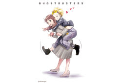 2girls blonde_hair brown_hair ghostbusters ghostbusters_(2016) happy jillian_holtzmann multiple_girls simple_background white_background yuri