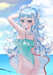 1girl absurdres ass blue_eyes blue_hair chico_(51m741) colored_tips highres hololive hololive_indonesia kobo_kanaeru liquid_hair long_hair looking_at_viewer multicolored_hair ocean one-piece_swimsuit split_ponytail summer swimsuit thighs water