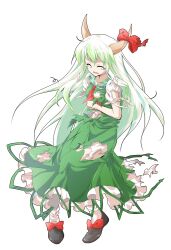 1girl ascot dairi defeat dress ex-keine full_body green_dress green_hair highres horns kamishirasawa_keine long_hair puffy_short_sleeves puffy_sleeves red_ascot red_eyes short_sleeves socks solo spiked_hair tachi-e touhou white_socks