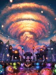 2girls black_jacket black_skirt blue_eyes brown_eyes brown_hair chair cloud crescent_moon evening fox_mask highres jacket lantern looking_at_viewer mask moon multiple_girls orb original outdoors paper_lantern pleated_skirt scenery shuu_illust sitting skirt sky star_(sky) starry_sky torii tree