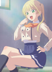 1girl absurdres anime_screenshot black_socks blazer blonde_hair blue_skirt blush bow bowtie breasts collared_shirt dot_nose fangs female_focus green_eyes hand_on_own_hip highres hoshizaki_rika_(kanojo_mo_kanojo) indoors jacket kanojo_mo_kanojo knee_blush large_breasts legs long_hair looking_down miniskirt open_mouth orange_bow orange_bowtie pleated_skirt school_uniform shirt shirt_tucked_in sitting skirt smile socks solo solo_focus stitched teeth thighs thighs_focus third-party_edit twintails upper_teeth_only white_shirt