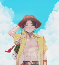 1boy abs aged_down bag black_hair blue_sky cloud freckles hand_on_own_hat hat highres male_focus nabi_love_8 one_piece open_clothes open_shirt orange_hat portgas_d._ace shirt short_hair shoulder_bag sky solo yellow_shirt