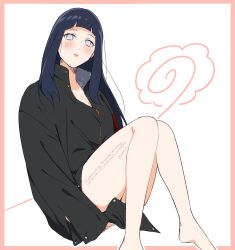 1girl black_hair black_jacket blush border borrowed_clothes breasts cleavage highres hyuuga_hinata jacket long_hair long_sleeves looking_at_viewer naruto:_the_last naruto_(series) no_pupils open_mouth outside_border pink_border purple_eyes s_atsu_ki solo twitter_username