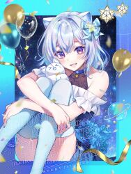 &gt;_&lt; 1girl animal_ears balloon blue_bow blue_choker blue_hair blue_theme blue_thighhighs blush bow choker commentary_request confetti grey_hair grin hair_between_eyes hair_bow highres iriam lips looking_at_viewer medium_hair miria_(iriam) multicolored_hair purple_eyes shirasu_(iriam) sitting smile solo streaked_hair streamers subaru0334 teeth thighhighs twitter_username watermark