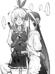 2girls apron blush breasts bun_cover double_bun frilled_apron frills hair_bun hair_ornament hair_stick harness heaven_burns_red highres kanzaki_adelheid kulfiq large_breasts long_hair monochrome multiple_girls ponytail puffy_short_sleeves puffy_sleeves ribbon satsuki_mari short_sleeves twintails very_long_hair whispering yuri
