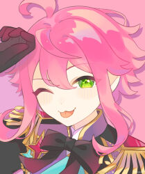 1boy ;3 absurdres androgynous arm_up black_bow black_bowtie black_gloves black_jacket bow bowtie cowlick double-parted_bangs drop_shadow ensemble_stars! epaulettes gloves gold_trim green_eyes happy highres himemiya_tori jacket male_focus official_alternate_costume one_eye_closed pale_skin pink_background pink_hair portrait rinsuko sidelocks simple_background smile solo star_(symbol) star_in_eye symbol_in_eye tongue tongue_out