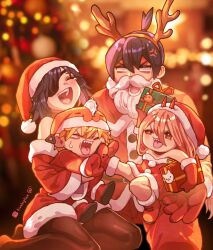 2boys 2girls anger_vein animal_hat antlers artist_name bare_shoulders black_hair black_pantyhose blonde_hair blurry blurry_background boots box cat chainsaw_man character_charm charm_(object) christmas christmas_lights closed_eyes cross-shaped_pupils crying demon_horns denji_(chainsaw_man) detached_sleeves dress eyepatch fake_beard fake_facial_hair fake_mustache fur-trimmed_boots fur-trimmed_dress fur-trimmed_headwear fur_trim gift gift_box gloves hair_between_eyes hat hayakawa_aki high_ponytail highres himeno_(chainsaw_man) holding holding_box holding_gift horns jacket kicking kneeling laughing lianbiglian long_hair medium_hair meowy_(chainsaw_man) multiple_boys multiple_girls open_mouth orange_eyes pants pantyhose pink_hair pochita_(chainsaw_man) ponytail power_(chainsaw_man) red_dress red_footwear red_gloves red_hat red_horns red_jacket red_pants santa_costume santa_dress santa_hat sharp_teeth short_hair short_ponytail sweatdrop symbol-shaped_pupils tears teeth white_cat white_eyes white_fur