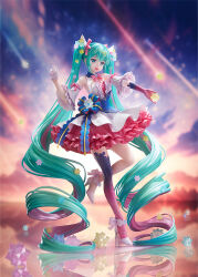 Rule 34 | 1girl, :d, absurdly long hair, aqua hair, armpits, asymmetrical gloves, bare shoulders, blue eyes, blue sky, blurry, blurry background, bow, bowtie, center frills, cloud, cloudy sky, colored inner hair, commentary request, depth of field, detached collar, detached sleeves, dress, drill hair, dusk, elbow gloves, figure, figure (medium), footwear bow, frills, full body, gloves, goodsmile company, gradient gloves, gradient legwear, gradient thighhighs, hair ornament, hair ribbon, half gloves, hatsune miku, hatsune miku expo, high heels, in palm, layered dress, leg up, long hair, looking at viewer, low drills, meteor shower, multicolored hair, multicolored sky, multicolored thighhighs, official art, open mouth, orange sky, petticoat, pink bow, pink bowtie, pink dress, pink gloves, pink ribbon, pink streaks, pink thighhighs, print thighhighs, purple thighhighs, reflective floor, ribbon, ribbon-trimmed sleeves, ribbon trim, shoes, short dress, single bare leg, single elbow glove, single half glove, single thighhigh, skirt, sky, smile, solo, standing, standing on one leg, star (symbol), star hair ornament, starry sky print, stellated octahedron, strapless, strapless dress, strappy heels, streaked hair, thighhighs, three-quarter sleeves, twintails, two-tone hair, uneven gloves, very long hair, vocaloid, white dress, white gloves, white shoes, white sleeves