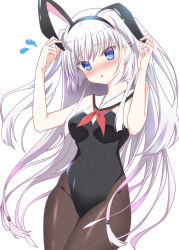Rule 34 | 1girl, absurdres, alternate costume, alternate hairstyle, animal ear hairband, animal ears, bare arms, bare shoulders, black hairband, black leotard, blue eyes, blunt ends, blush, breasts, brown pantyhose, commentary request, cowboy shot, d:, embarrassed, eyes visible through hair, fake animal ears, floating hair, flying sweatdrops, furrowed brow, groin, hair behind ear, hair between eyes, hair ornament, hairband, hairclip, hands up, highleg, highleg leotard, highres, leotard, long hair, looking at viewer, medium breasts, naruse shiroha, neckerchief, nose blush, open mouth, pantyhose, parallel hairclips, playboy bunny, rabbit ears, red neckerchief, ringed eyes, sailor collar, sidelocks, simple background, solo, strapless, strapless leotard, sukonbu385, summer pockets, two side up, very long hair, watermark, white background, white hair, white sailor collar