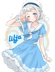 1girl beret blue_dress blue_eyes blue_ribbon blush braid collarbone dress frilled_dress frills gakuen_idolmaster grey_hair hair_ribbon half_up_braid hat head_tilt highres idolmaster katsuragi_lilja looking_at_viewer nagi_7g neckerchief one_eye_closed ribbon ribbon_braid rope sailor_collar sailor_dress sailor_hat salute short_hair short_sleeves smile solo split_mouth twitter_username white_background white_hat wrist_cuffs
