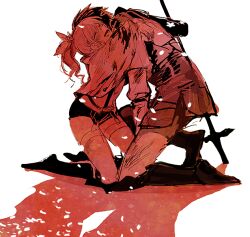armor arms_around_neck blush closed_eyes hug japanese_clothes kneeling kunoichi_(sengoku_musou) polearm ponytail sanada_yukimura_(sengoku_musou) sengoku_musou shadow shawl shorts smile spear weapon