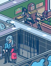 Rule 34 | 2boys, 2girls, alice (kyokugen dasshutsu), ball, billiard ball, black boots, black hair, black pants, black shoes, black skirt, blonde hair, blue shirt, blunt bangs, boots, bracelet, breasts, collared shirt, commentary, crop top, dark-skinned female, dark skin, dartboard, english commentary, grey boots, hair ornament, hand on another&#039;s head, highres, holding cue stick, indoors, jacket, jewelry, kyokugen dasshutsu, kyokugen dasshutsu adv: zennin shibou desu, leaning, long hair, long sleeves, midriff, multiple boys, multiple girls, navel, open clothes, open jacket, pants, pink hair, pink shorts, pool table, quark (kyokugen dasshutsu), shirt, shoes, short hair, short sleeves, shorts, skirt, sleeveless, spacesuit, standing, table, tenmyouji (kyokugen dasshutsu), twergo, underboob, white hair, white jacket, yotsuba (kyokugen dasshutsu)