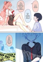 Rule 34 | absurdres, bare legs, barefoot, black horns, black shirt, blue archive, blush, bow, bowtie, breasts, clover dot (clov erd), erika (blue archive), fake nails, fang, feet, fingernails, gyaru, hair bun, hiding, highres, holding another&#039;s foot, horns, kirara (blue archive), large breasts, long fingernails, long hair, loose bowtie, necktie, open mouth, pink hair, red necktie, shirt, skin fang, skirt, smile, speech bubble, thigh strap, thighs, toes, white hair, white shirt