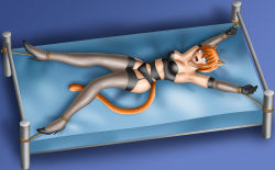 1girl absurdres animal_ears bdsm bed bondage bound bound_ankles bound_wrists breasts cat_ears cat_tail cleavage fang fire_emblem fire_emblem:_path_of_radiance fire_emblem:_radiant_dawn garter_belt garter_straps gloves high_heels highres laguz_(race) leggings lethe_(fire_emblem) lingerie lying medium_breasts nintendo on_back on_bed open_mouth orange_hair purple_eyes rope scared short_hair spread_legs tail thighhighs underwear worried you_gonna_get_raped