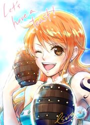 1girl bare_shoulders beer_mug bikini bikini_top_only blue_sky bracelet breasts brown_eyes commentary_request cup earrings esora_(esky54) green_bikini holding holding_cup jewelry log_pose long_hair looking_at_viewer medium_breasts mug nami_(one_piece) one_eye_closed one_piece open_mouth orange_hair pearl_earrings shoulder_tattoo signature single_sidelock sky solo swimsuit tattoo upper_body wavy_hair