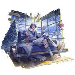 1boy animal_ear_fluff animal_ears animal_slippers arknights blue_pajamas blue_ribbon blue_socks bracelet cane cat cat_boy cat_ears cat_mug cat_tail checkered_socks christmas_lights christmas_ornaments christmas_present christmas_tree couch crossed_legs cup english_text eye_mask facial_hair family_portrait full_body gift grey_robe hair_between_eyes harold_(arknights) harold_(inviting_snow)_(arknights) highres holding holding_cup indoors jewelry kang_yiqian_(self_cultivation) looking_at_viewer mustache neck_pillow official_alternate_costume official_art on_couch pajamas pet pillow prosthesis prosthetic_leg ribbon robe sign single_sock sitting slippers slit_pupils smile snow socks solo sticker_on_leg tail third-party_source transparent_background window wooden_floor yellow_eyes
