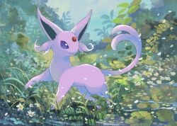 Rule 34 | animal focus, bright pupils, closed mouth, commentary, espeon, falling petals, flower, forehead jewel, full body, gen 2 pokemon, grass, highres, lily pad, looking back, nintendo, no humans, outdoors, petals, pokemon, pokemon (creature), purple eyes, solo, symbol-only commentary, volpecorvo, white flower, white pupils